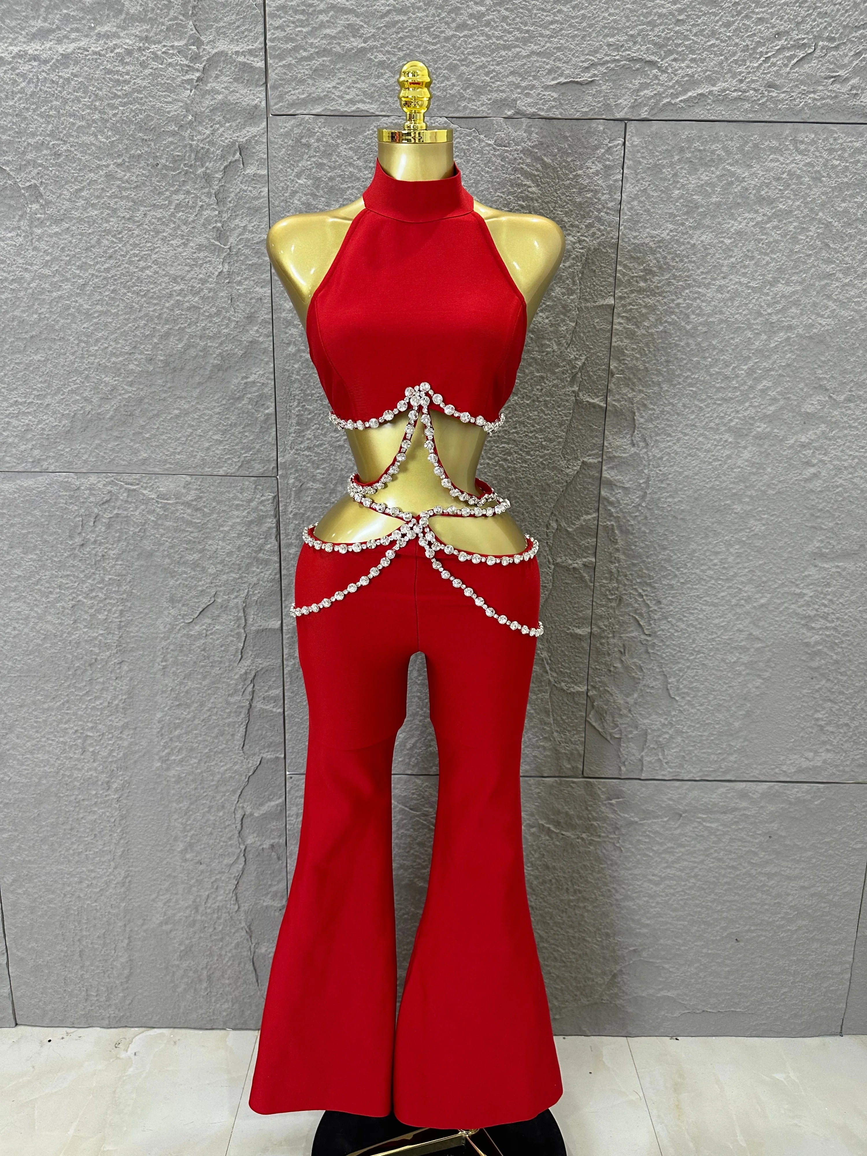 Luxurious Red Two Piece Set Women Sexy Halter Neck Crystal Cutout Crop Top Flare Pants Outfit Stage Performance Costume Red