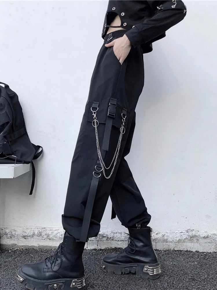 Pantalon Cargo sarouel pour femmes, mode Punk, poches, survêtement avec chaîne, Harajuku, élastique, taille haute, Streetwear 