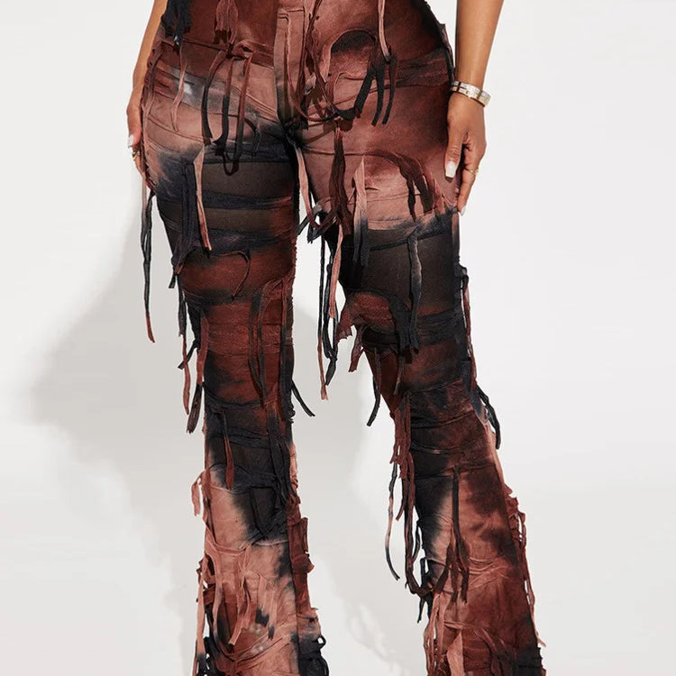 DEAT Fashion Women Casual Pant Fringe Lace-up Contract Color Slim Designer Floor-length Boot Cut Female Summer New 17A9439