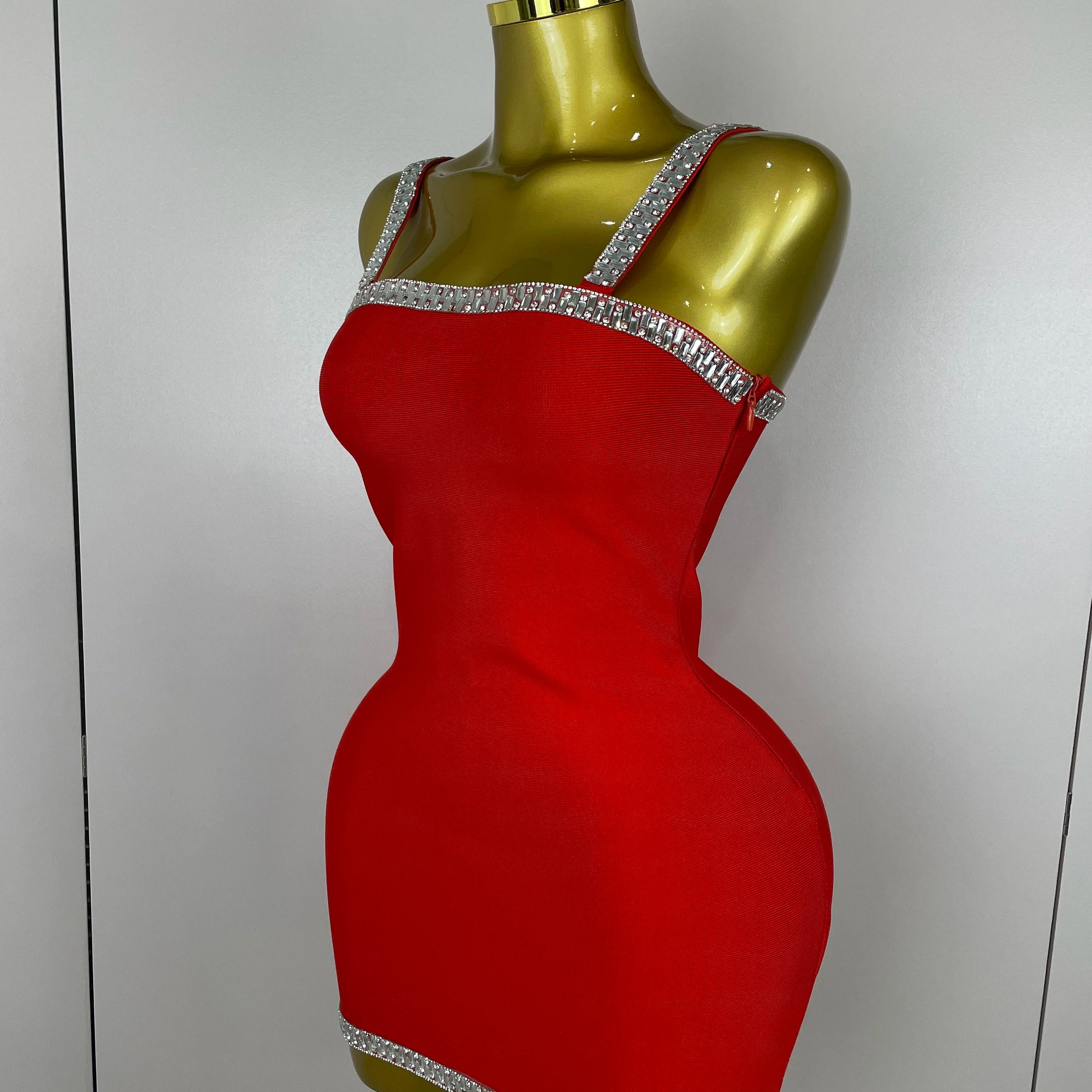 2025 Women Celebrity Luxury Sexy Summer Square Collar Red Crystal Mini Bandage Dress Knitted Elegant Evening Club Party Outfit