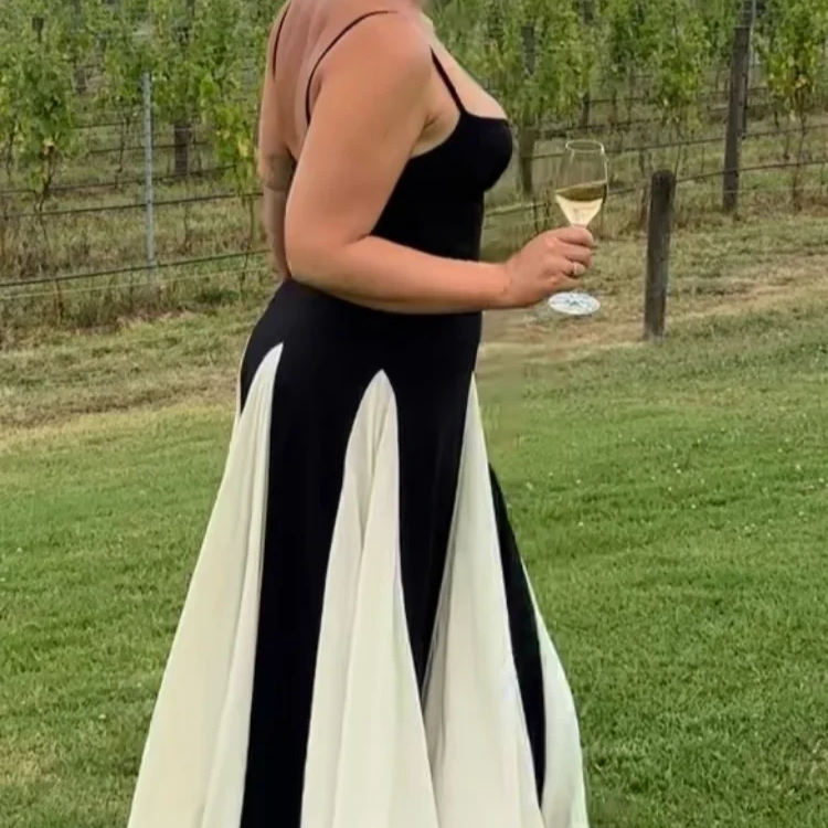 2025 Summer Elegant Contrast Patchwork Lady Spaghetti Strap Maxi Dress Backless Sleeveless High Waist A-line Robe Party Dresses