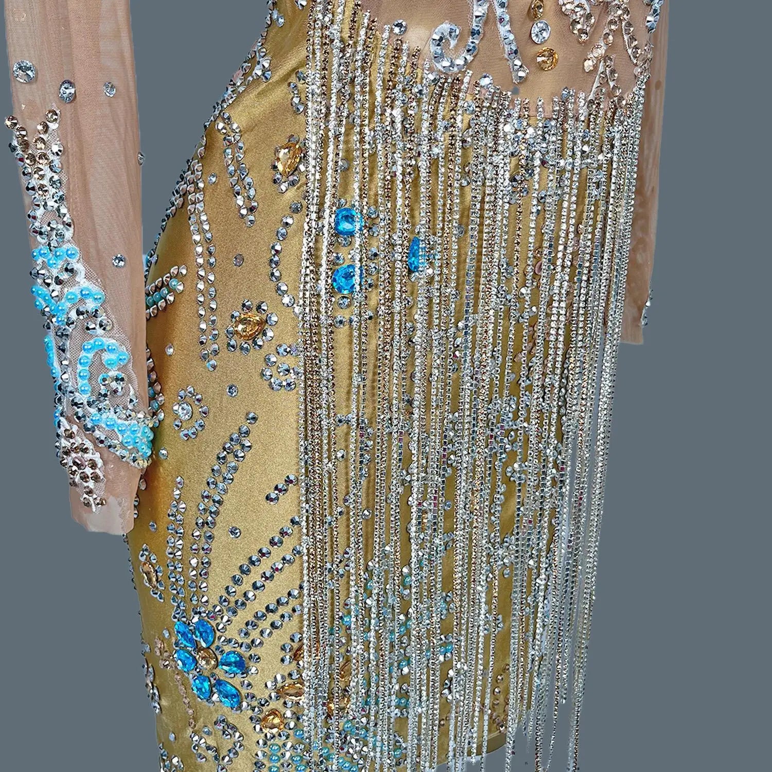 Sexy Transparent Mesh Tassel Dress Women Evening Dress Birthday Celebrate Outfit Club Sexy Show Costume Luxury Rhinestone Lanhai