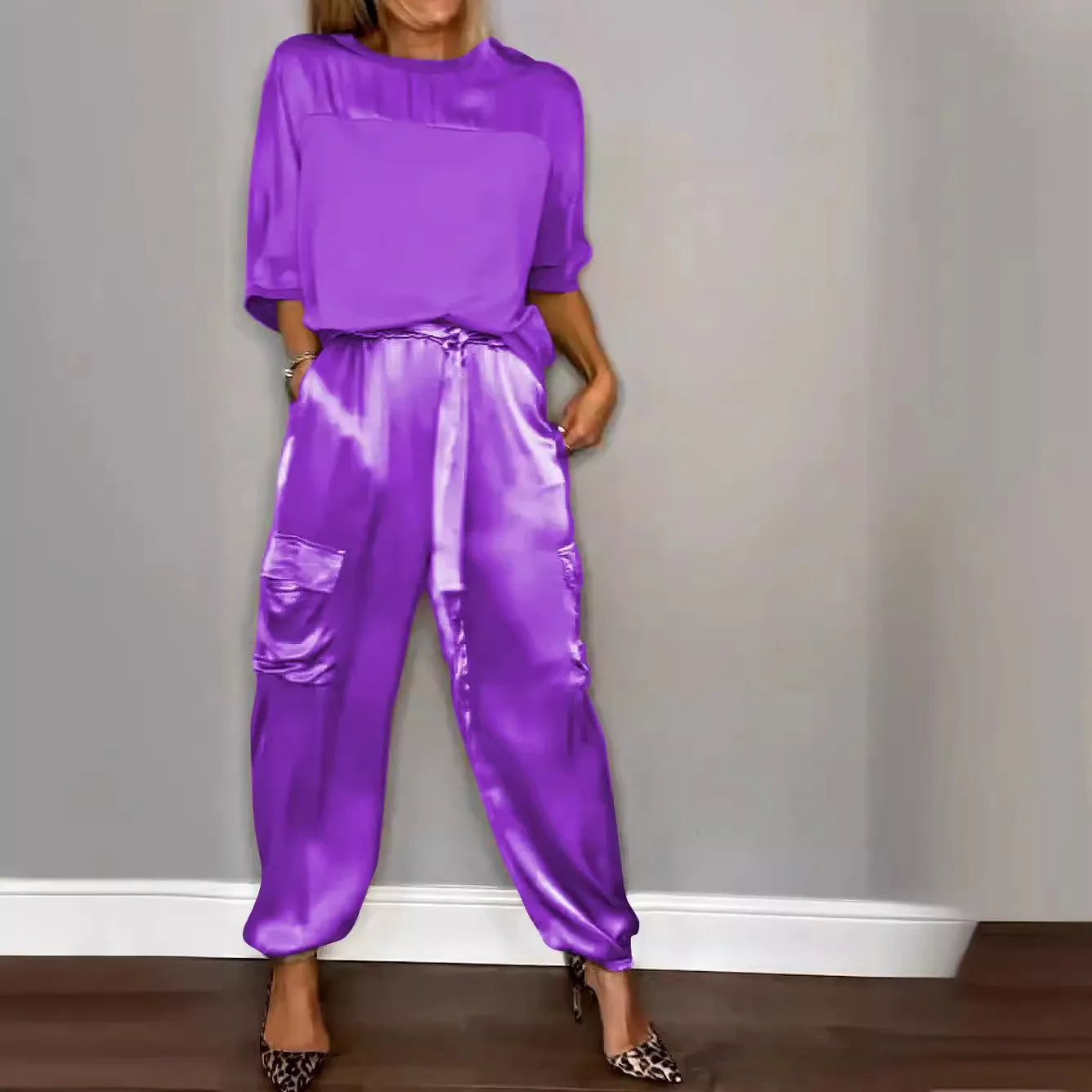 Fashion Solid Color Satin Two Piece Set Women Round Neck New Spring Summer Top Long Pants Casual Loose Two Piece Set Purple