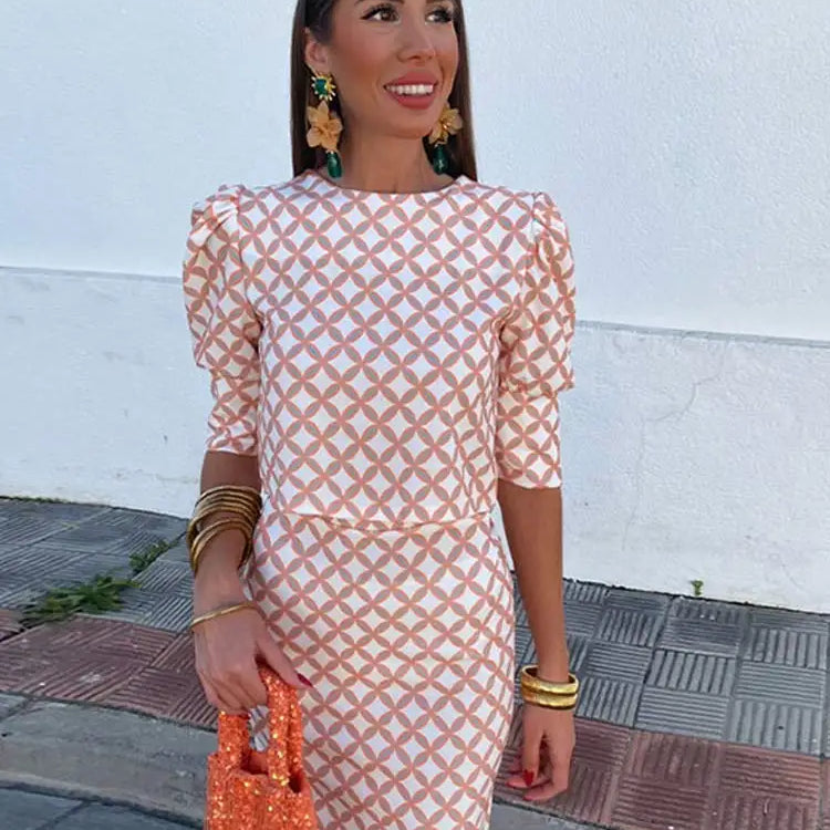 Women Plaid Printed Split Back Midi Skirt Set Fashion O-neck Long Sleeve Cropped Top Suit Lady Elegant Office Outfits