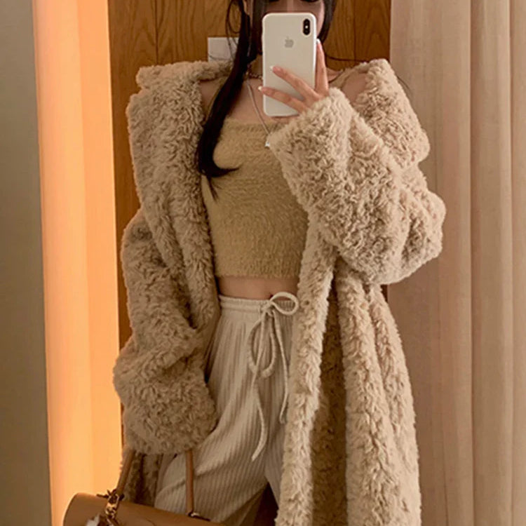 Winter Long Oversized Shaggy Fuzzy Warm Thick Fluffy Faux Fur Coat Women Sashes Lapel Stylish Luxury Korean Fashion 2021 Khaki