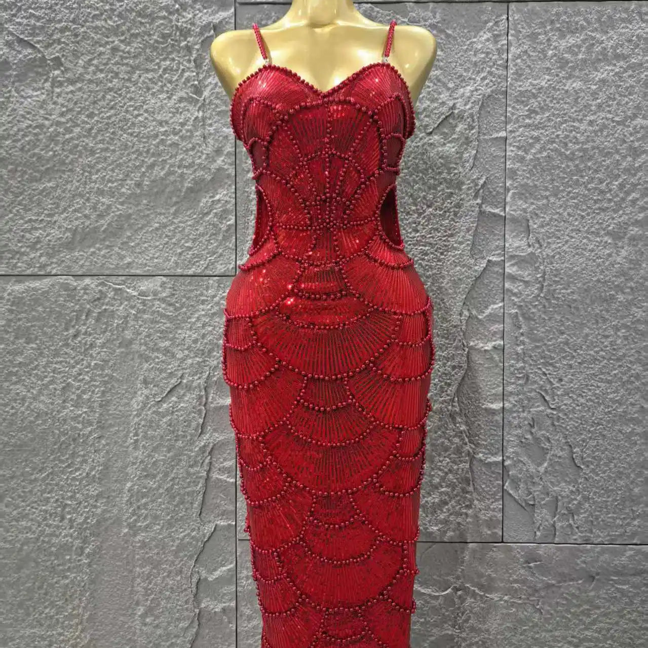 Red Color Women Sexy Sleeveless Pearl Beading Bodycon Mid-calf Dress Waist Hollow Out Celebrate Fashion Birthday Party Dress Red