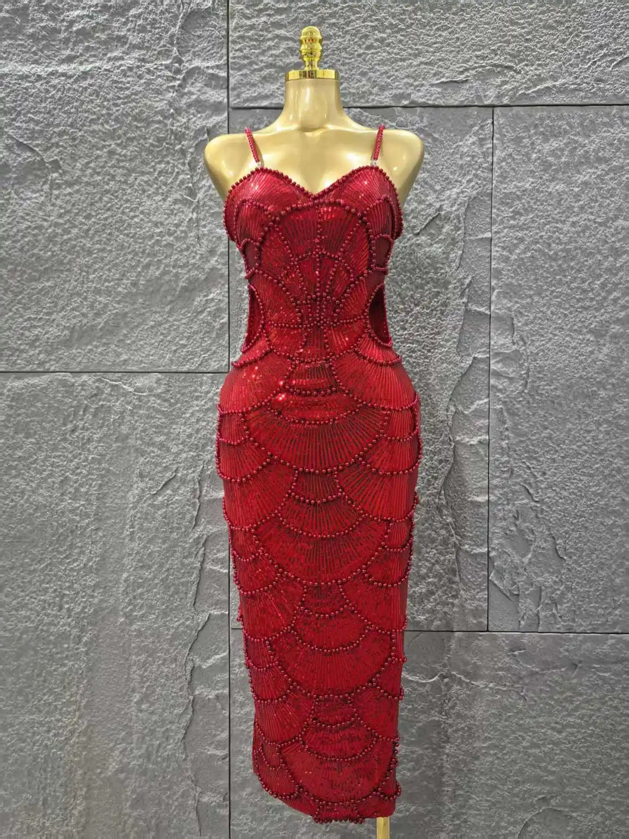Red Color Women Sexy Sleeveless Pearl Beading Bodycon Mid-calf Dress Waist Hollow Out Celebrate Fashion Birthday Party Dress Red