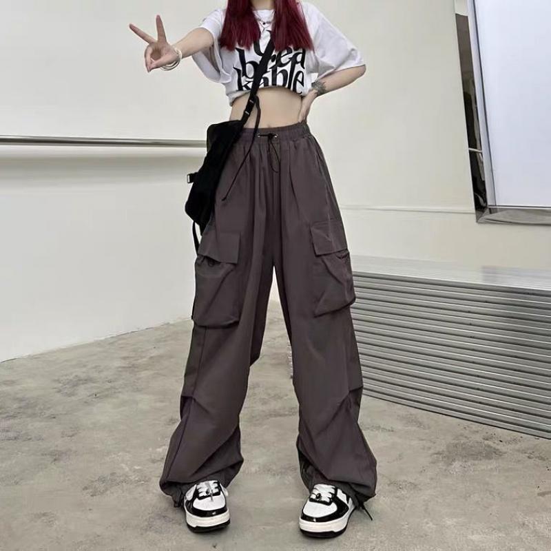 Summer Vintage Casual Cargo Pants Women Streetwear Pleated Drawstring Loose Wide Leg Straight Trousers Fashion Ladies Sweatpants