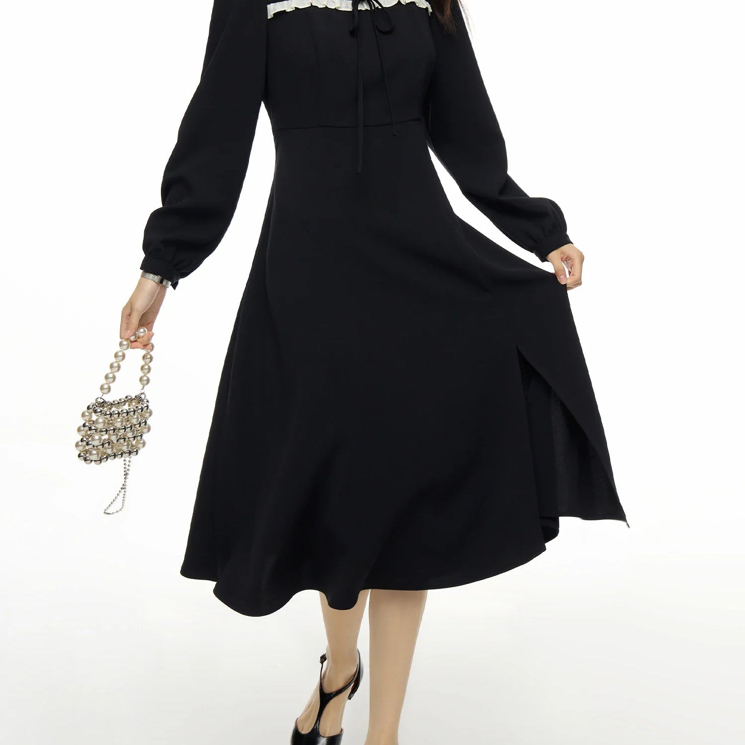 DUSHU Women's Autumn Outfit New Style Sweet French Square Collar Dress Slimming Versatile Women Dress Casual 24DS83330 black