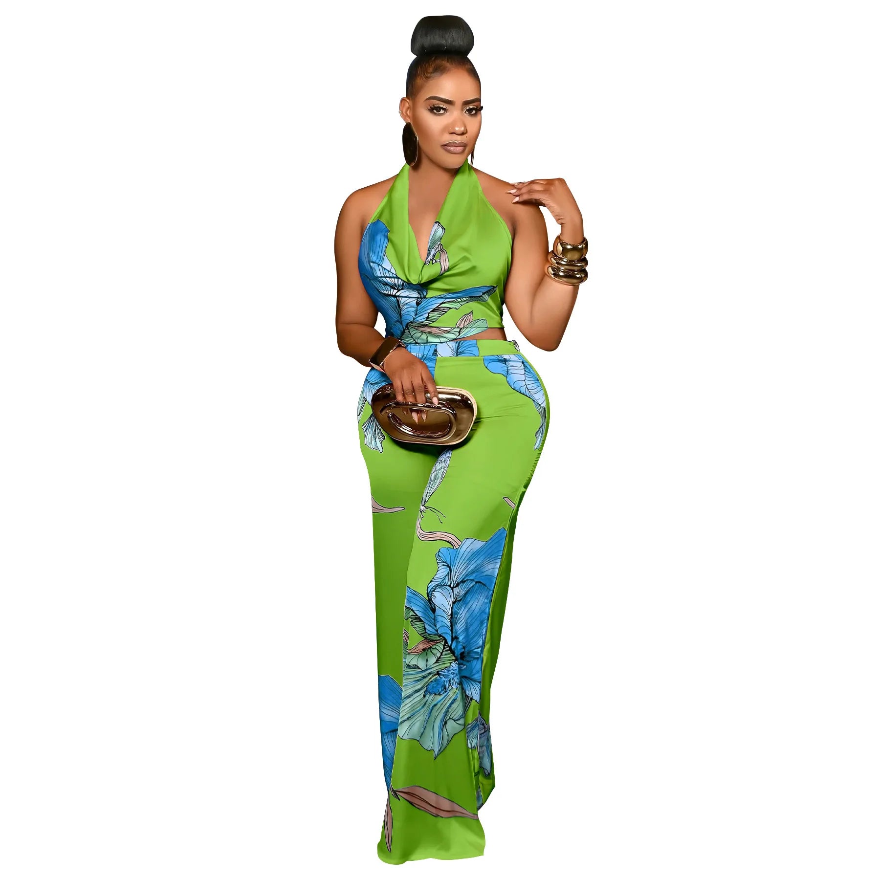 Women's Set Pile Collar Elegant Floral Print Top and Wide Leg Pants Suit 2025 Summer Two 2 Piece Sets Outfit Tracksuit Green
