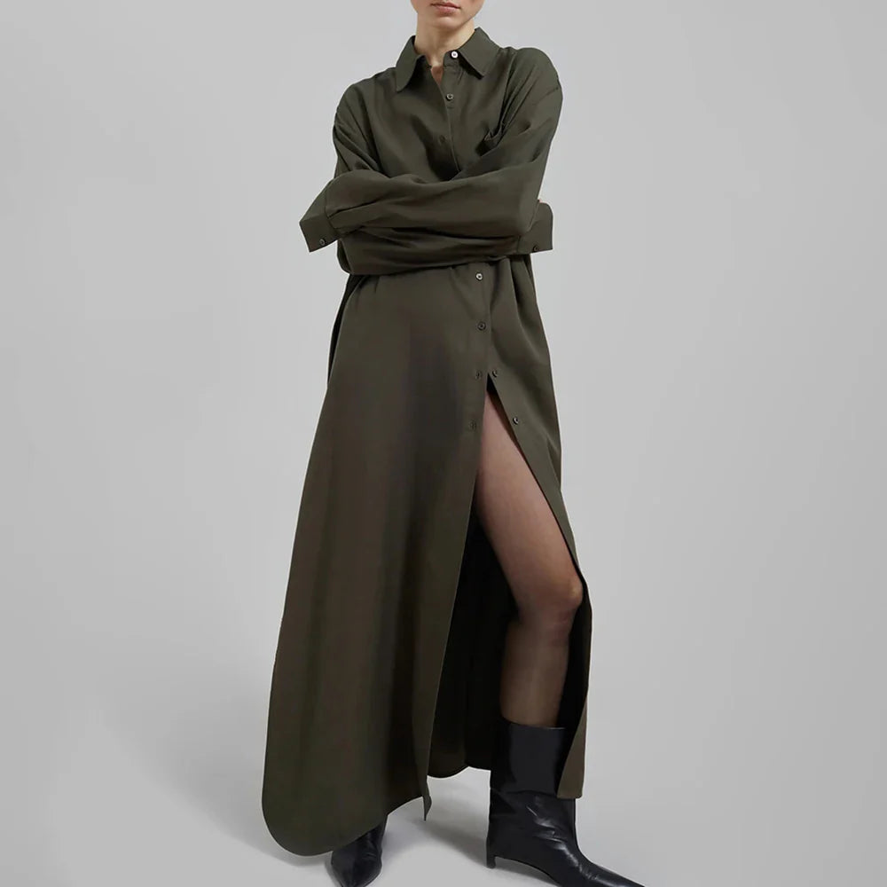 Solid Minimalist Split Dresses For Women Lapel Long Sleeve High Waist Patchwork Single Breasted Loose Dress Female ARMYGREEN One Size