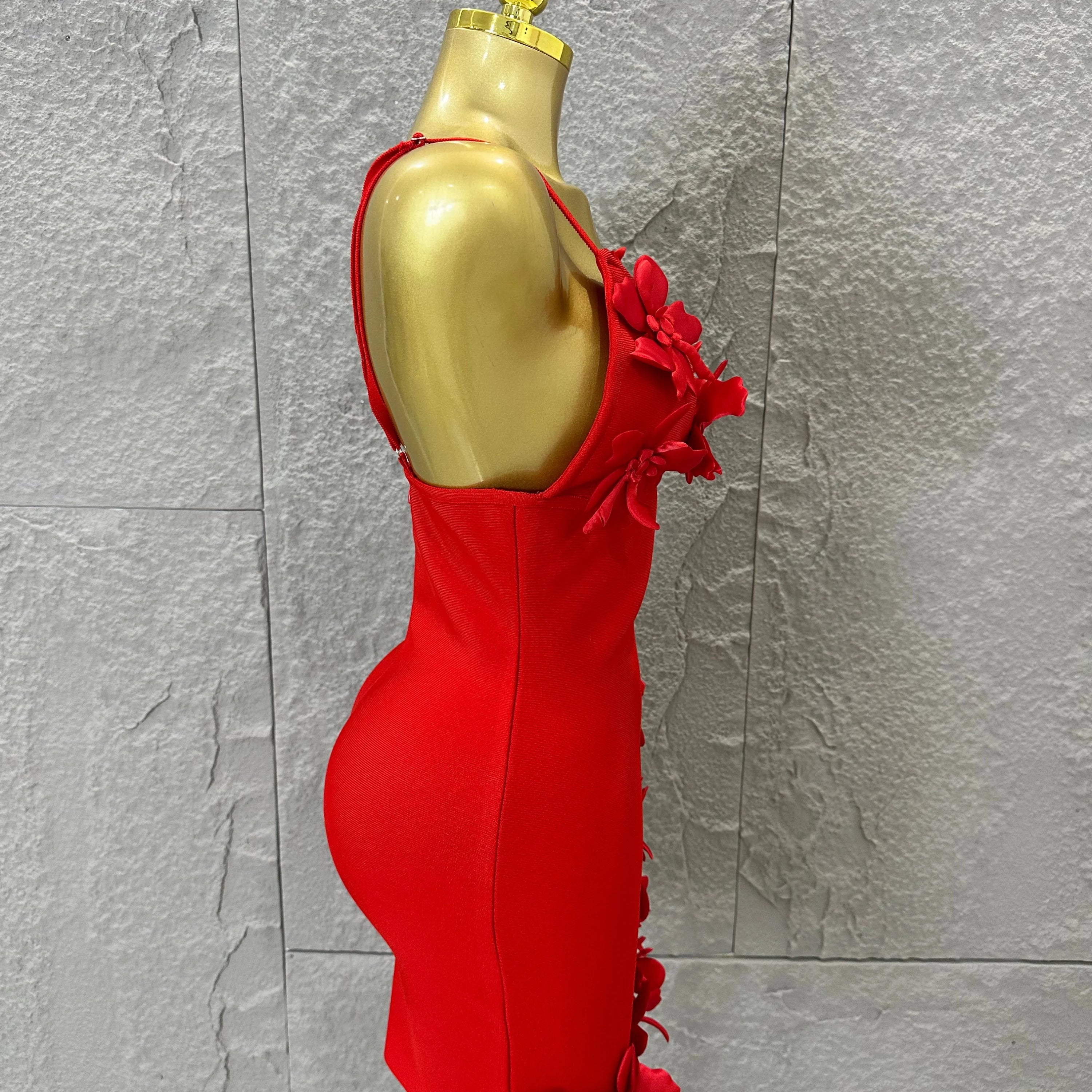 Sexy Deep V Red 3D Flower Applique Dress Slim Fit Bodycon Bandage Night Out Wedding Guest Club Cocktail Evening Party Outfit
