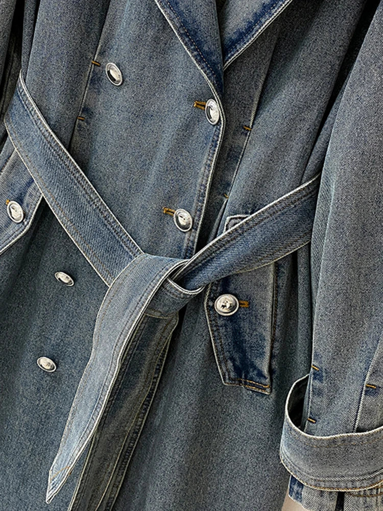 DEAT Fashion Women's Denim Jackets Loose Big Double Layer Collar Single Breasted Long Sleeve Sashes Coat Winter New 17A4709