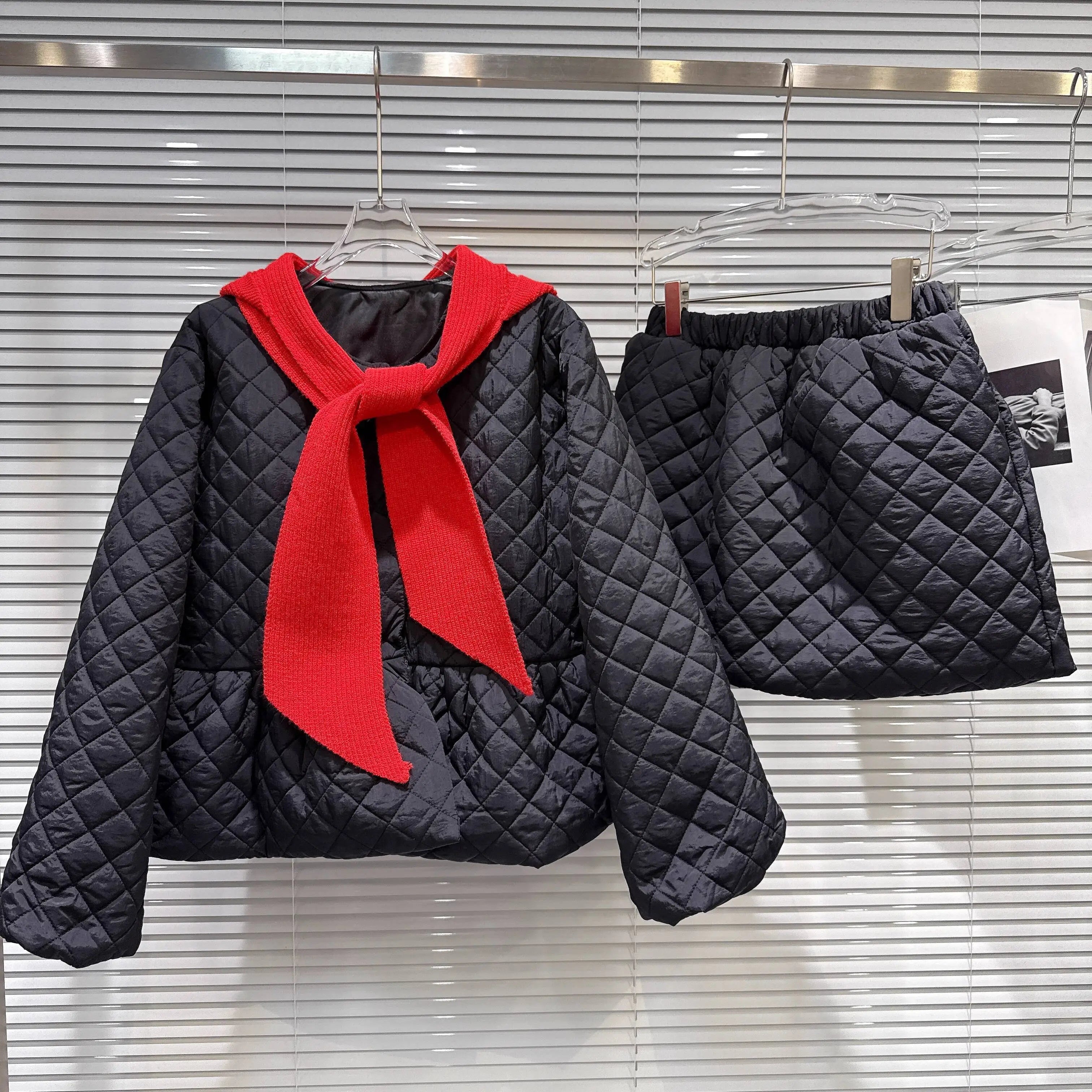 Winter New Temperament Knitted Hooded Scarf Cotton Padded Jacket Elastic Waist Short Skirt Set For Women 11A07798 Black Suit One Size