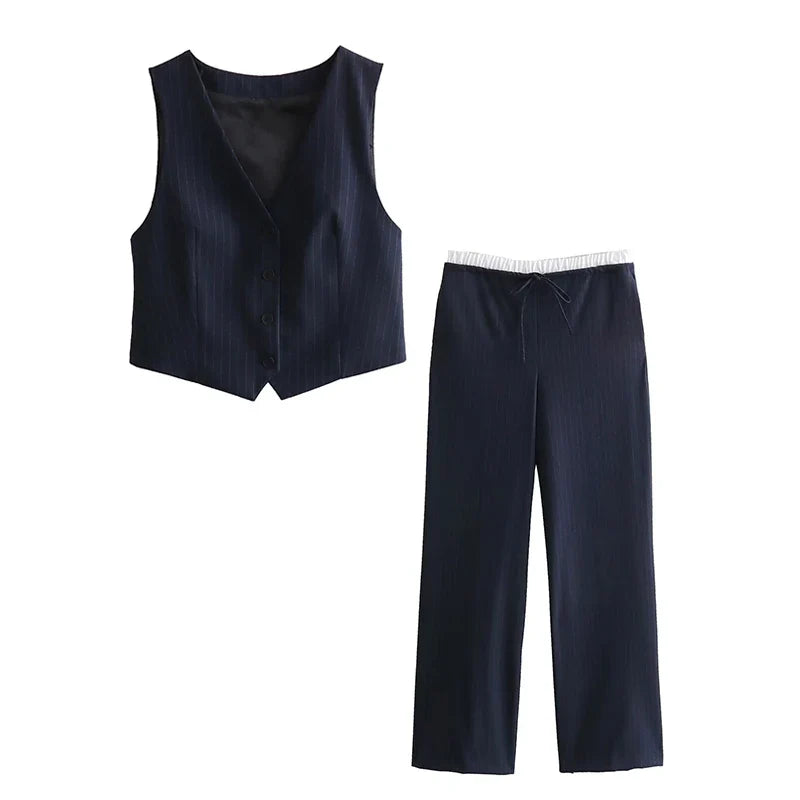 Women's Pants Set Summer New 2-piece Set Slim V-Necked Elastic Waist Pants Suit Chic Street Leisure Holiday Suit dark blue