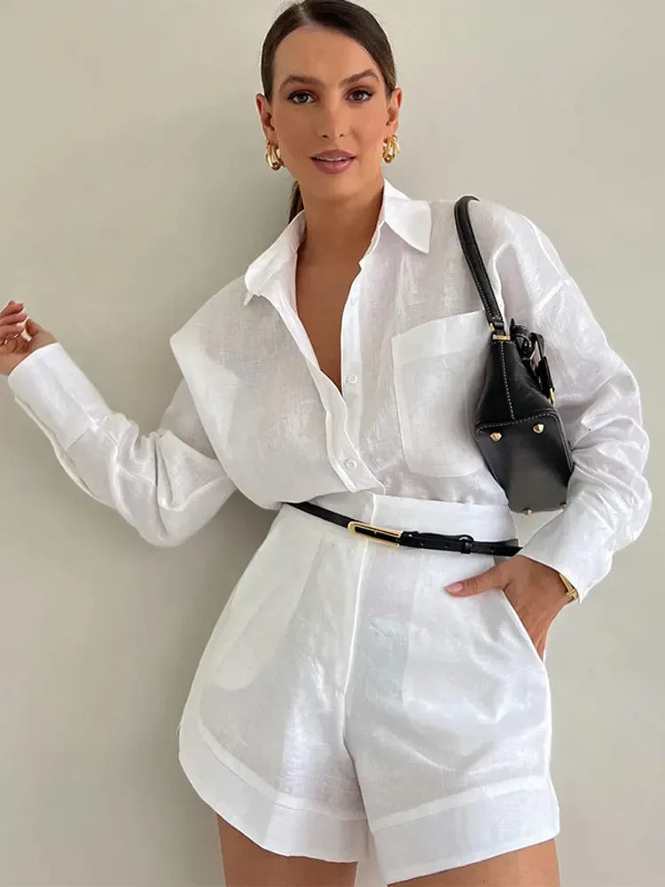 Pockets Button Shorts 2 Piece Set For Women Casual Lapel Single Breasted Long Sleeve Suits Fashion Chic Female Commute Outfits White