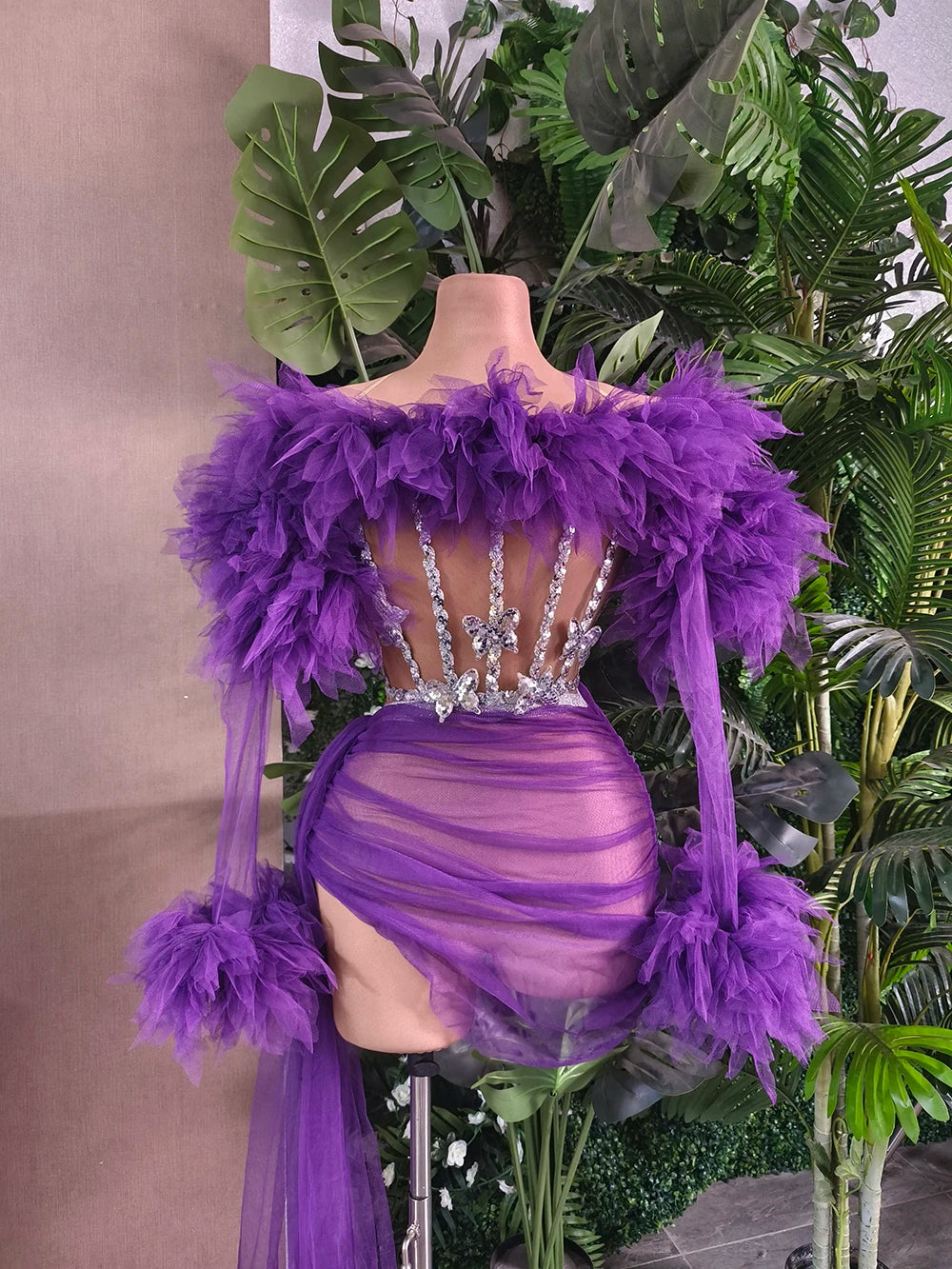 White Purple Women Sexy Mesh Ruffles 2 Pieces Bodycon Mini Dress See Through Celebrate Nightclub Party Bar Singer Stage Wear PURPLE