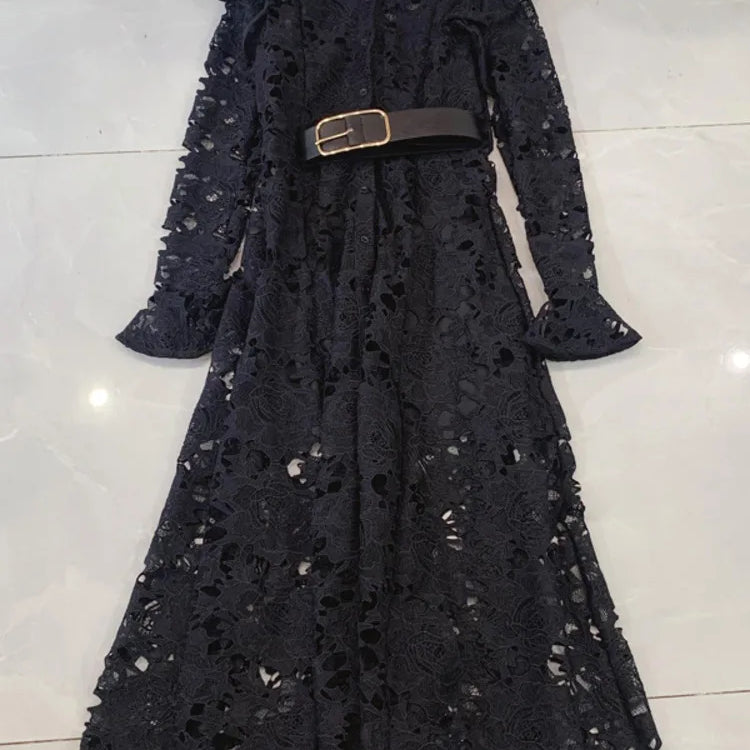 LGRQ Elegant Lace Embroidery Pattern Design Women's Dresses Evening Belt New Hollow Out Luxury Fashion 19F1371