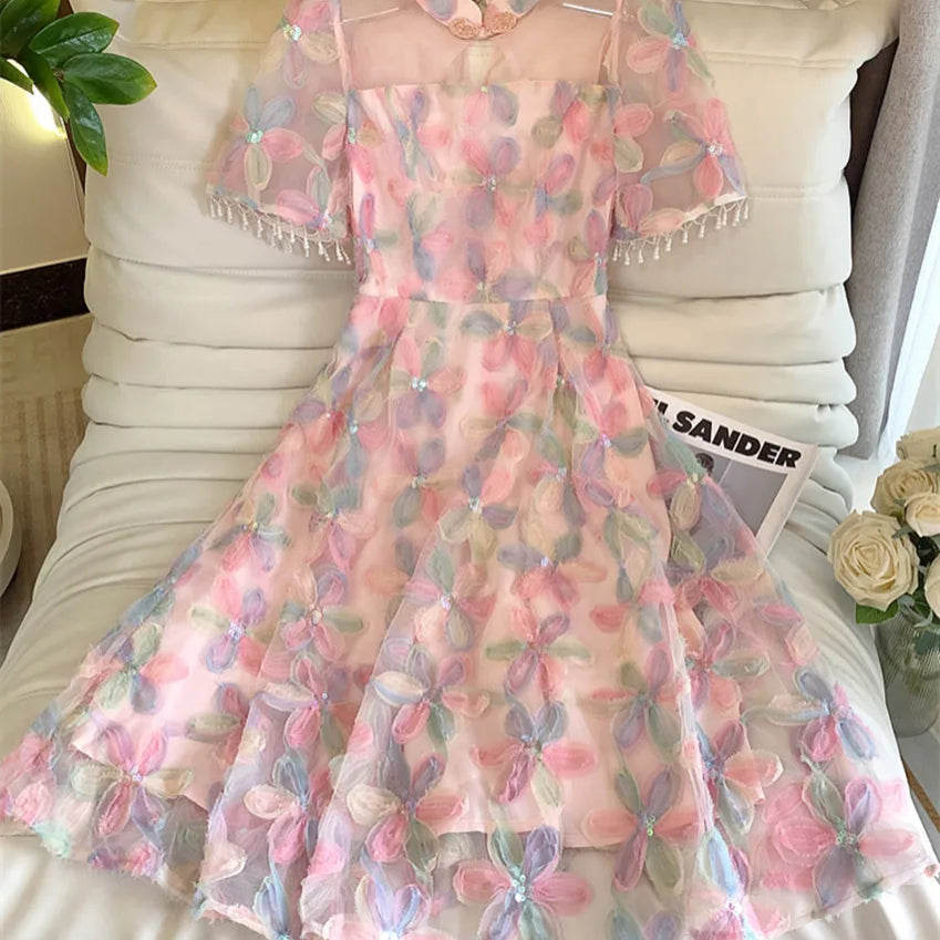 Elegant Sweet Spring Pink Mesh Party Long Dress Women Ruffled Collar Embroidery Flowers Beaded Tassel Short Sleeve Party Clothes