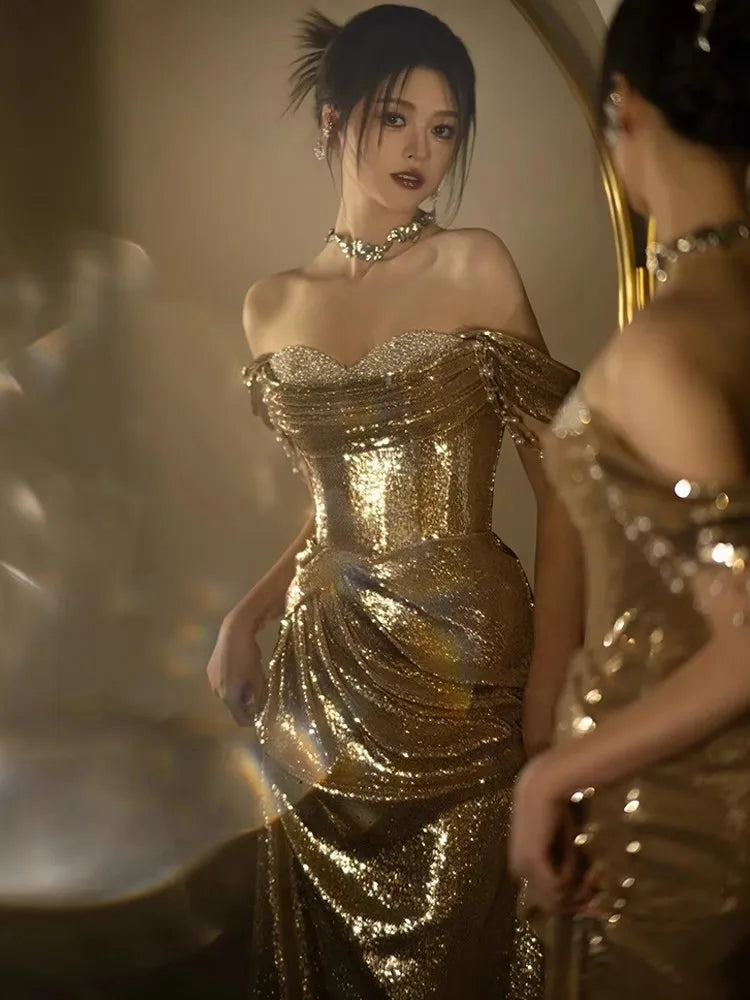 Lautaro Spring Praty Birthday Evening Dresses Woman Off Shoulder Backless Elegant Luxury Prom Floor Length Gold Sequin Dress Gold