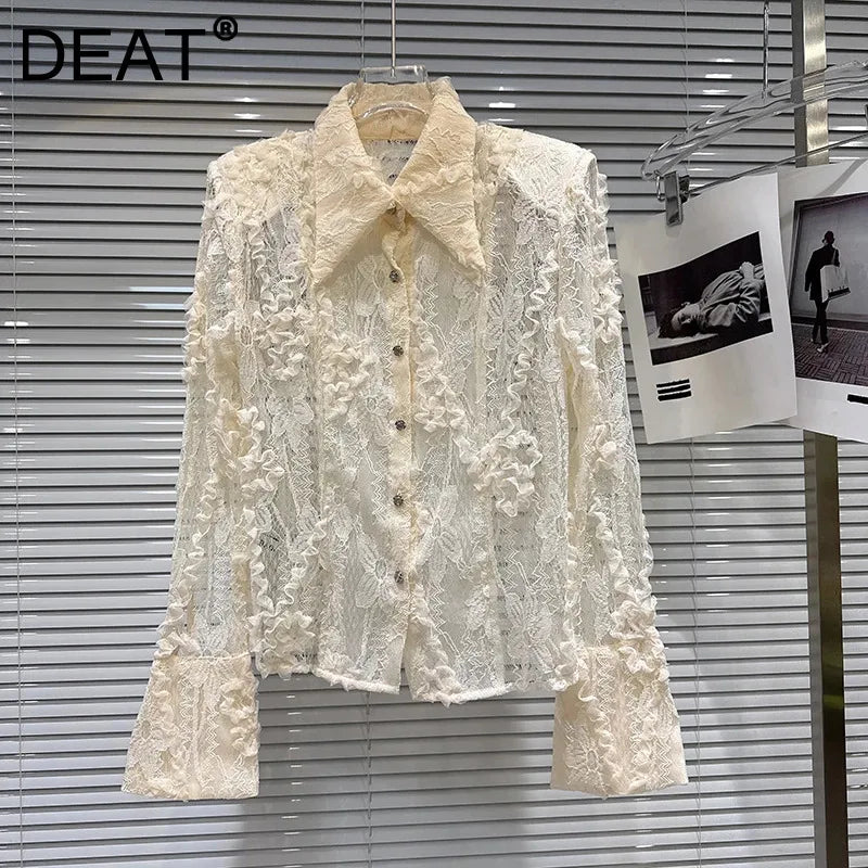 Winter New Fashion Pleated Lace Embroidery Shoulder Pad Long Sleeve Lapel Shirt For Women Blouse Female 11A07582