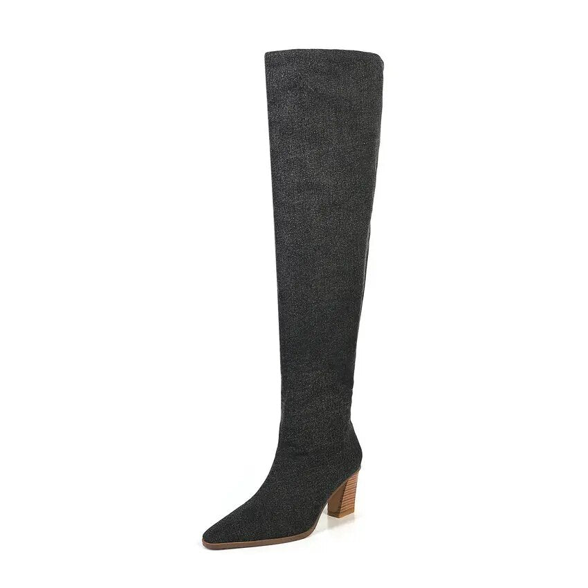 QUTAA 2024 Autumn Winter New Women Knee High Boots Thick High Heels Elegant Office Lady High Boots Shoes Woman Size 34-39 Black