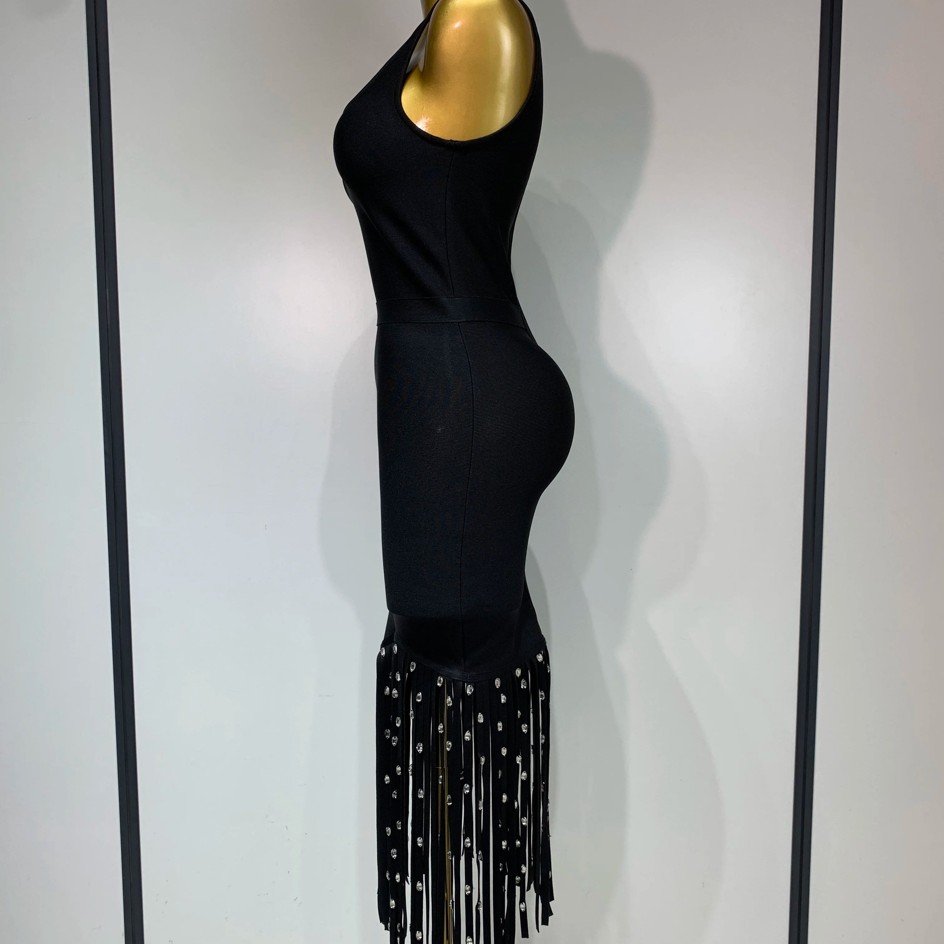 2025 New Fashion Crystal Tassel Temperament Suspender Bodycon Bandage Dress Sexy Midi Evening Party Birthday Dresses Vestidos