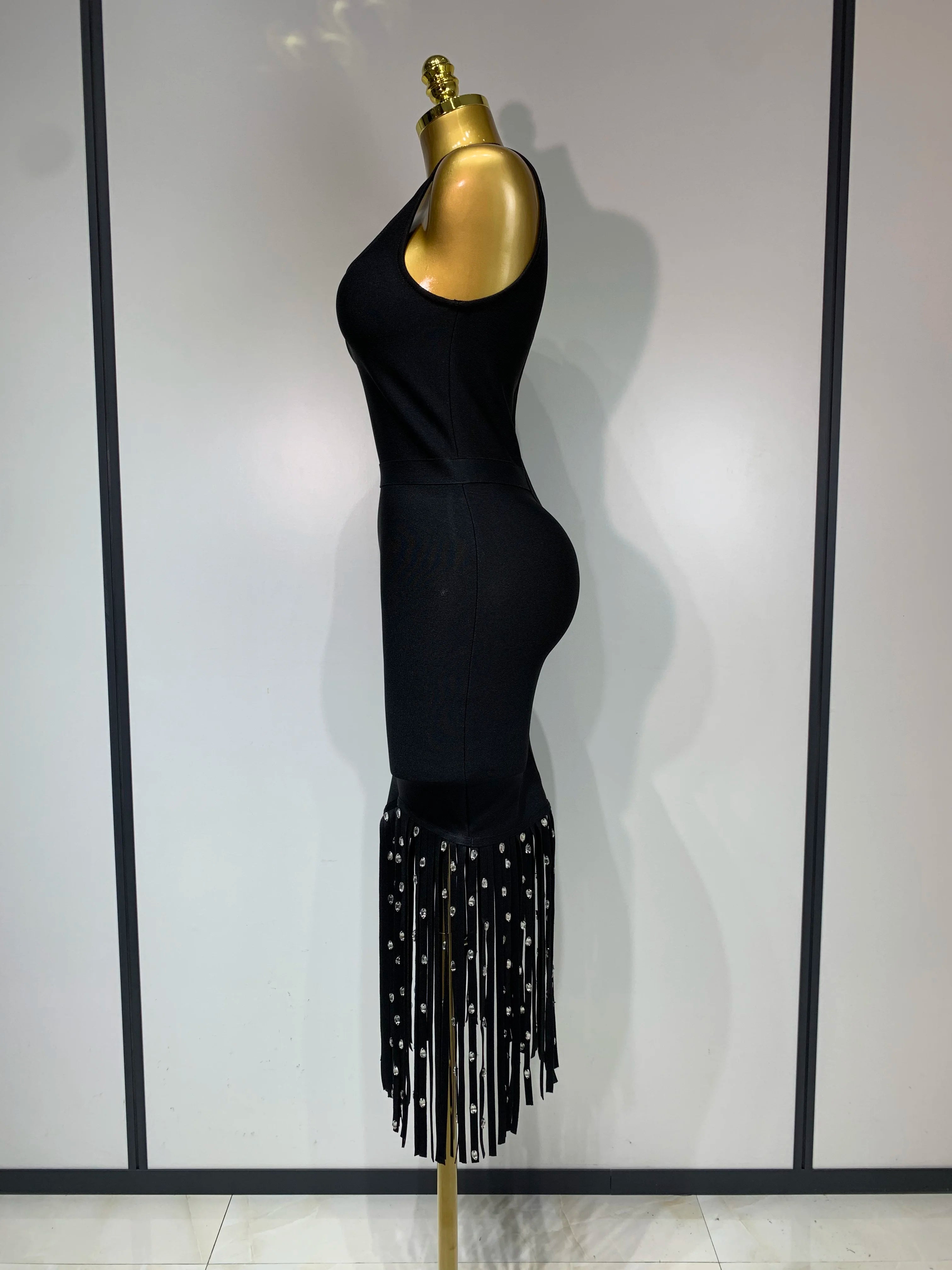 2025 New Fashion Crystal Tassel Temperament Suspender Bodycon Bandage Dress Sexy Midi Evening Party Birthday Dresses Vestidos