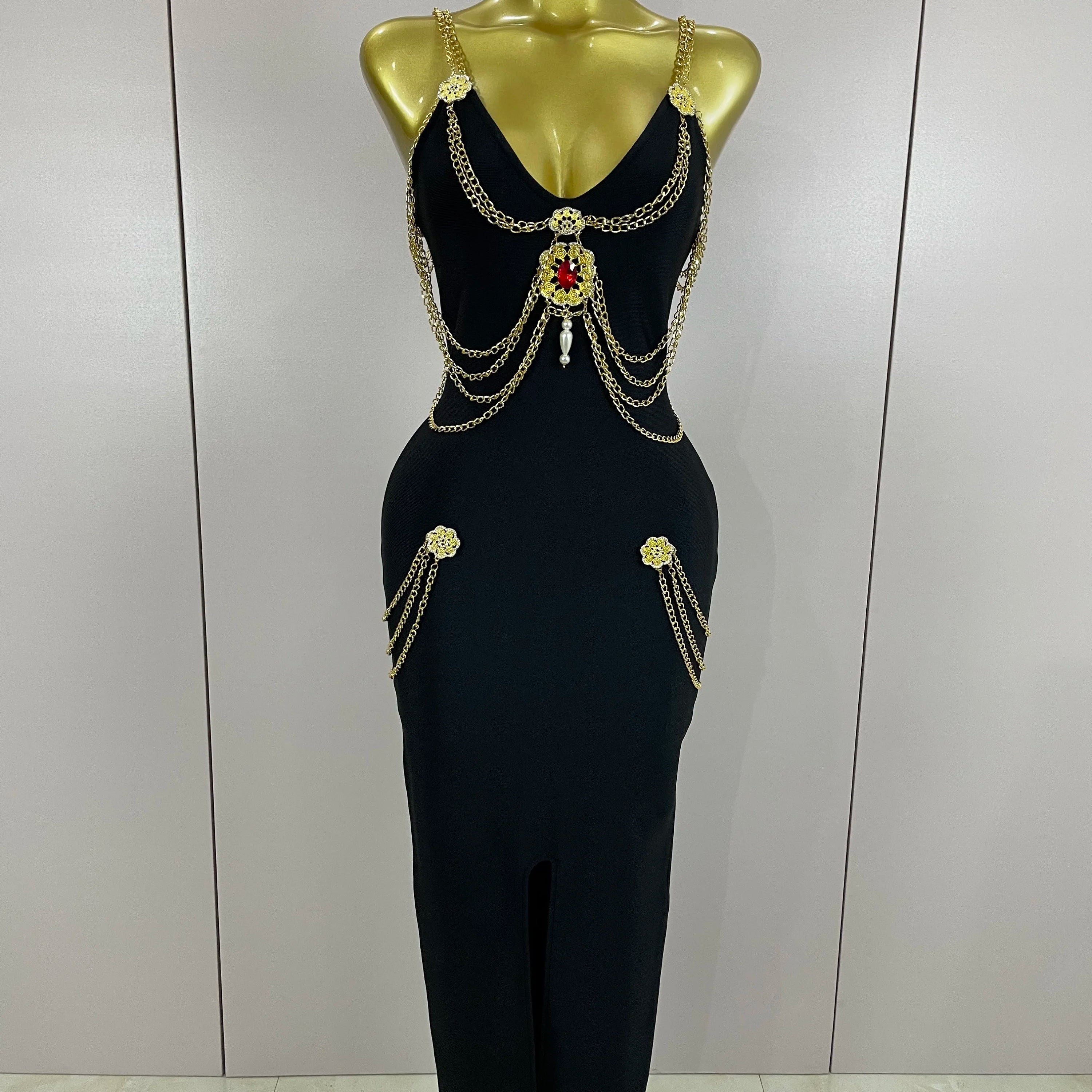2025New New Black Chain Spaghetti Strap V-Neck Split Bandage Dress Bodycon Celebrity Club Party Long Dress Vestidos black