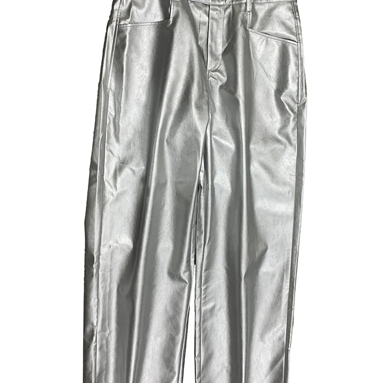 Lautaro Autumn Cool Silver Baggy Faux Leather Wide Leg Pants for Men Trousers Loose Casual Luxury Mens Designer European Clothes Silver