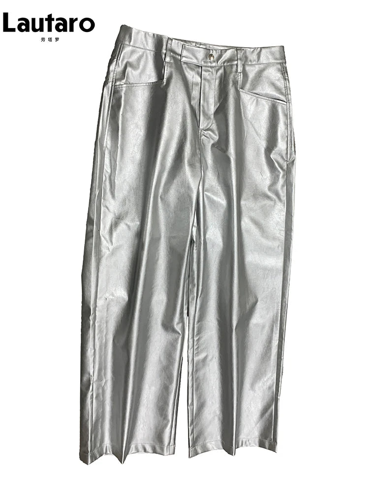 Lautaro Autumn Cool Silver Baggy Faux Leather Wide Leg Pants for Men Trousers Loose Casual Luxury Mens Designer European Clothes Silver