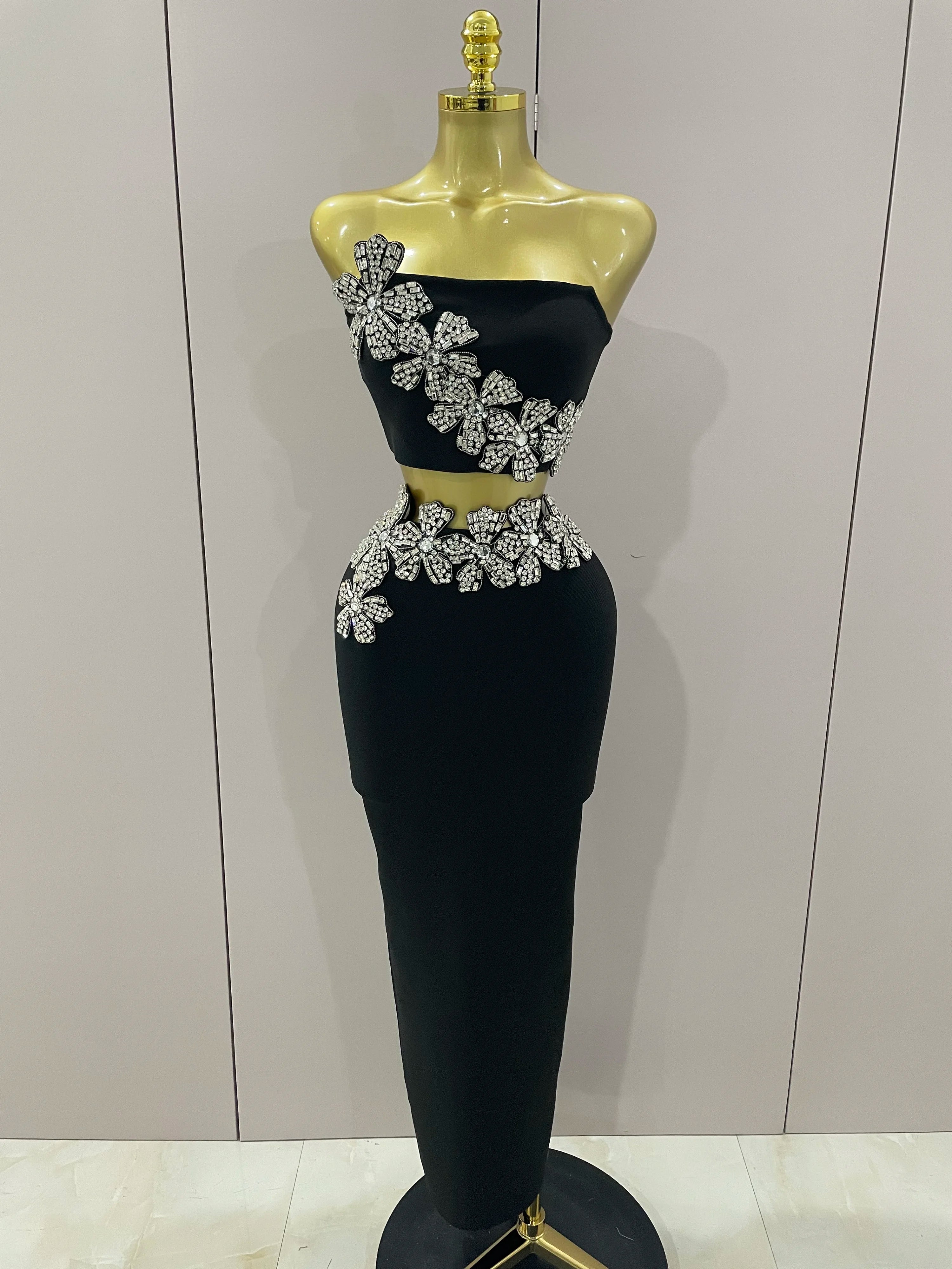 Sexy Strapless Flower Diamonds Black Maxi Long Bandage Two Piece Set 2025 Women Knitted Elegant Evening Club Party Prom Gowns black