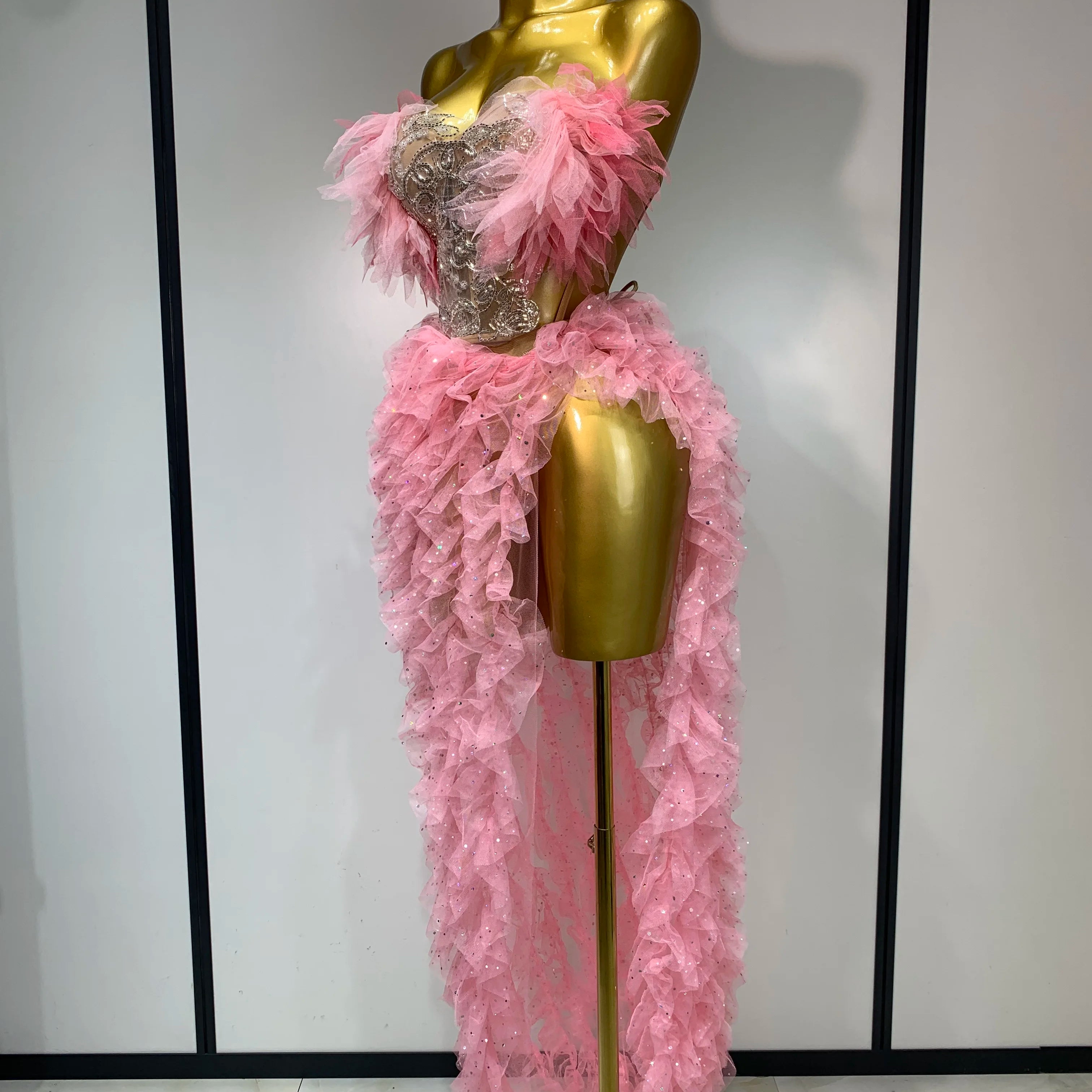 Women Sexy Strapless Ruffles two Pieces Set Bodycon Long Dress High Split Fashion Nightclub Party Birthday Singer Stage Outfit