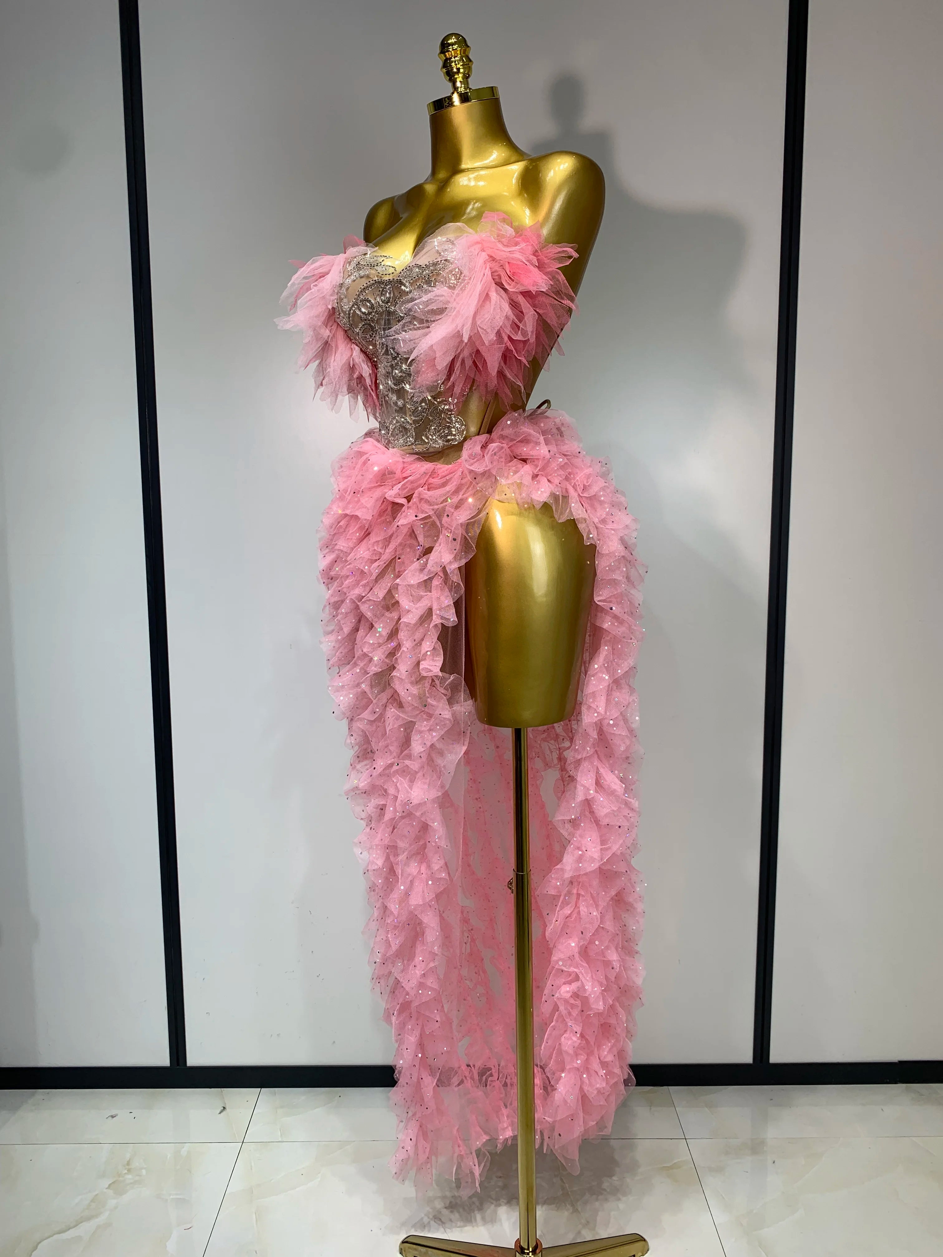 Women Sexy Strapless Ruffles two Pieces Set Bodycon Long Dress High Split Fashion Nightclub Party Birthday Singer Stage Outfit