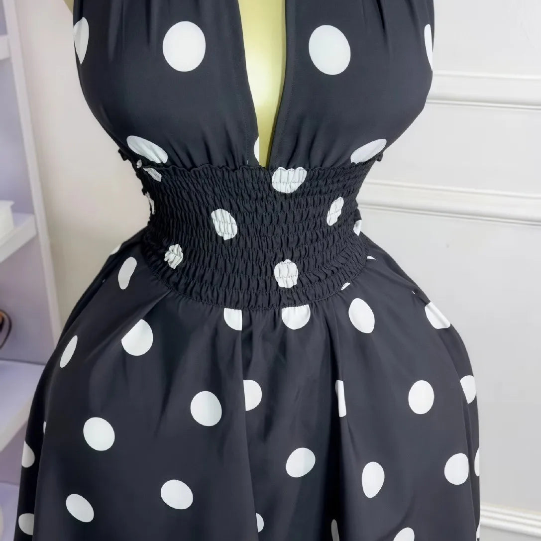 CM.YAYA Women Dot Printed Sleeveless Halter V-neck Big Swing A-line Mini Dress 2025 Summer Vacation Sexy Party Evening Dresses