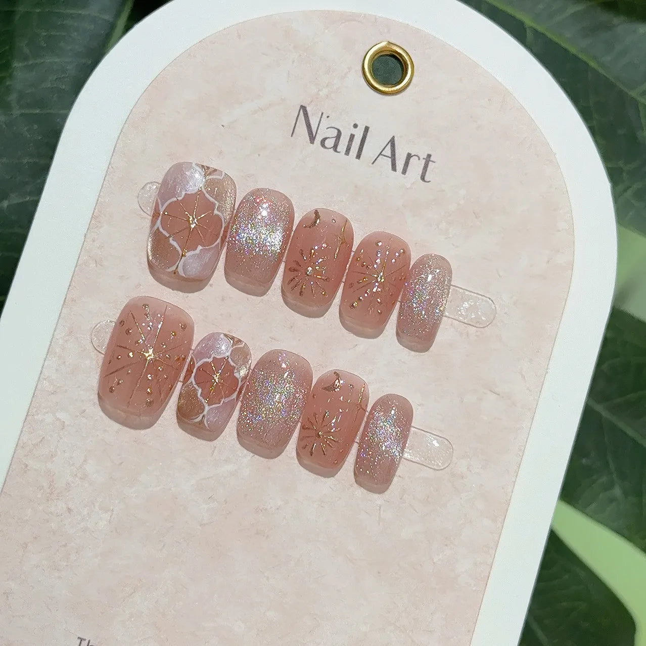 10Pcs Short Square Pink Blush Fake Nails Cat Eye Sparkling Sweet Nail Stickers French Ballet Finished Retro Court Style Nail Art