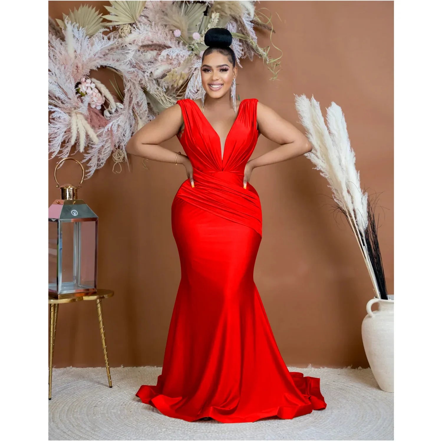 Women Draped Waist Shoulder Sleeveless Deep V-neck Maxi Long Trumpet Mermaid Dress 2023 Club Sexy Party Evening Dresses Red