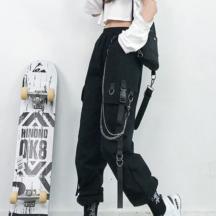Women Cargo Pants Harem Pants Fashion Punk Pockets Jogger Trousers With Chain Harajuku Elastics High Waist Streetwear Black