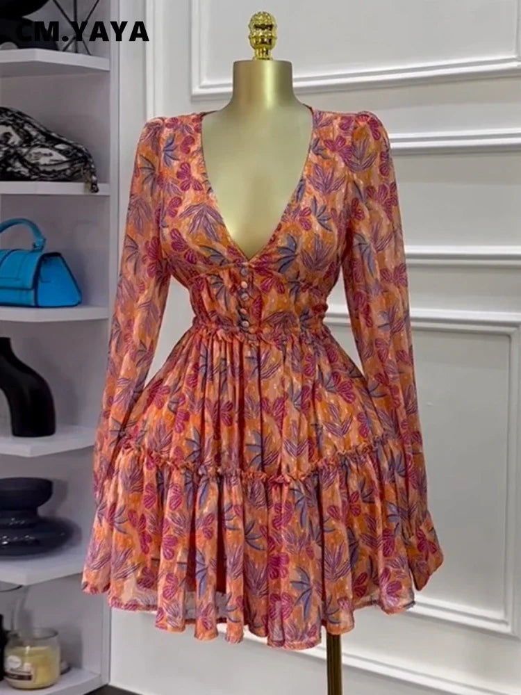Women V-neck Long Sleeve Pleated Mini Dress Sweet Elegant Floral Print Sexy Birthday Beach Night Party Vestidos Dresses