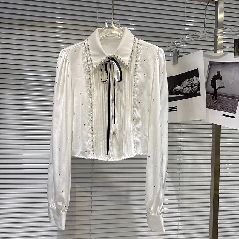 Winter New Fashion Lace-up Bowknot Rhinestone Heavy Industry Long-sleeve Shirt For Women Versatile Blouse 11A07822