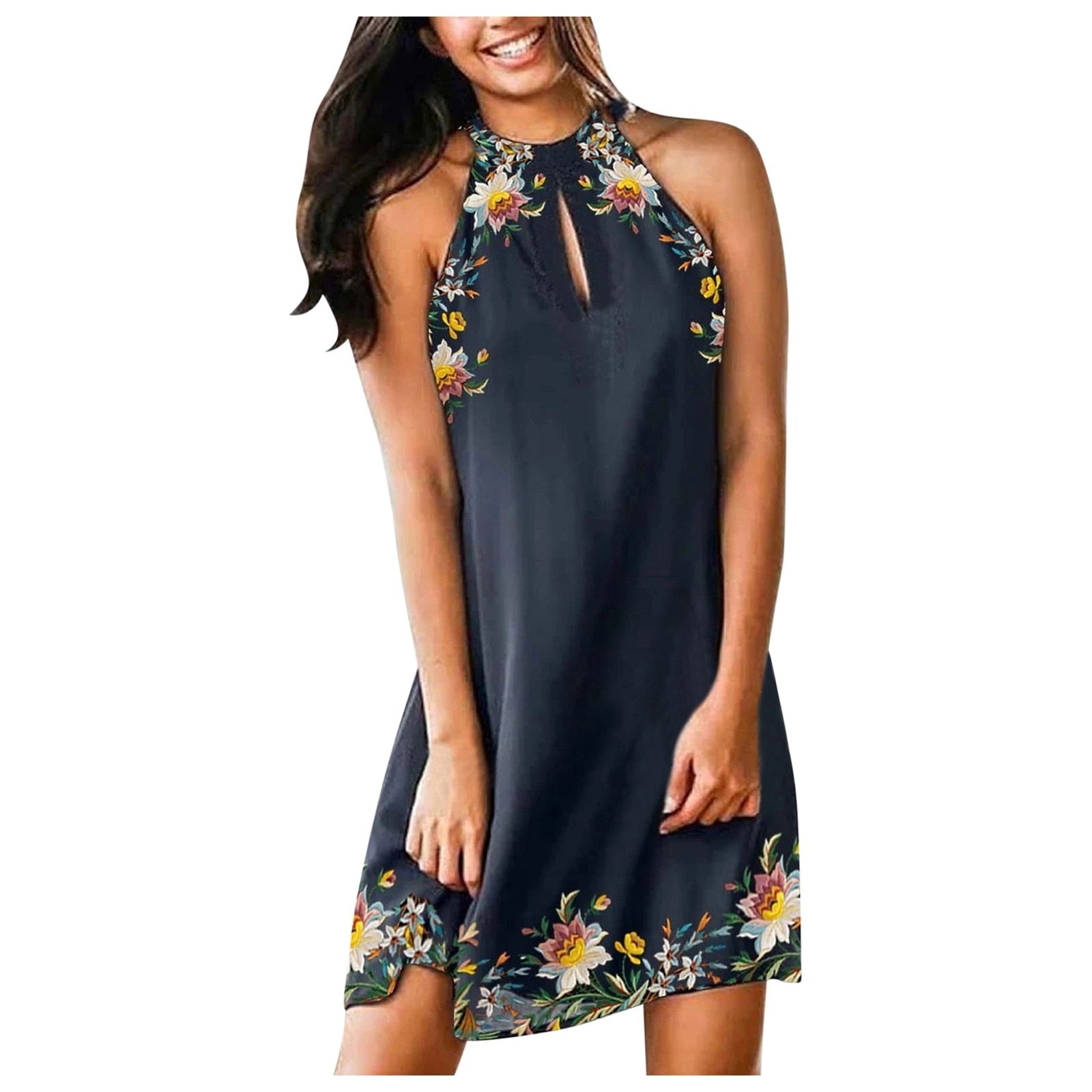 Splice Neck Womens Boho Vestido Halter Sem Mangas Praia Estampado Vestido Feminino de Verão