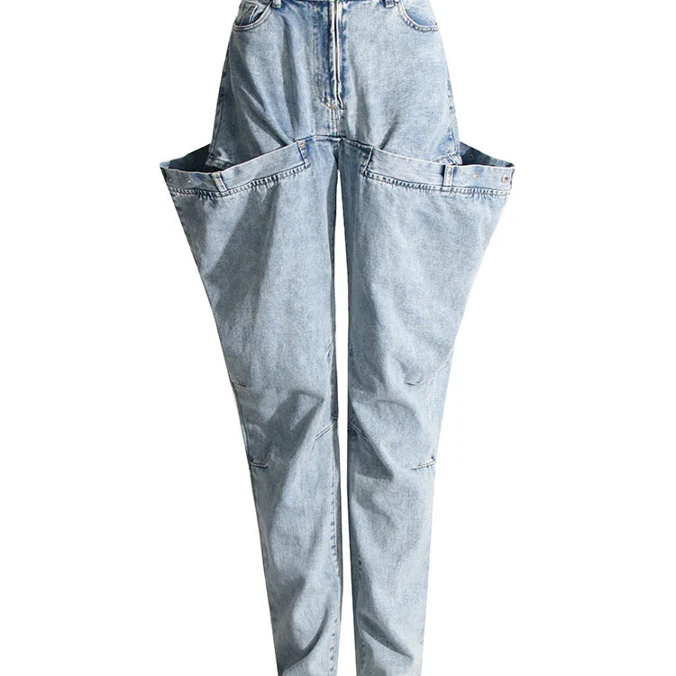 CHICEVER Minimalist Loose Denim Trouser For Women High Waist Patchwork Pockets Irregular Casual Solid Pant Female Summer Clothes Blue