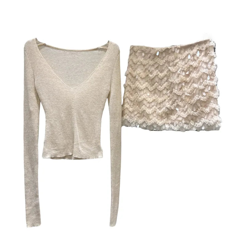 Winter New Fashion V-Neck Slim Fit Knitted Sweater For Women Sequin Tassel A-line Short Skirts Female 11A07731