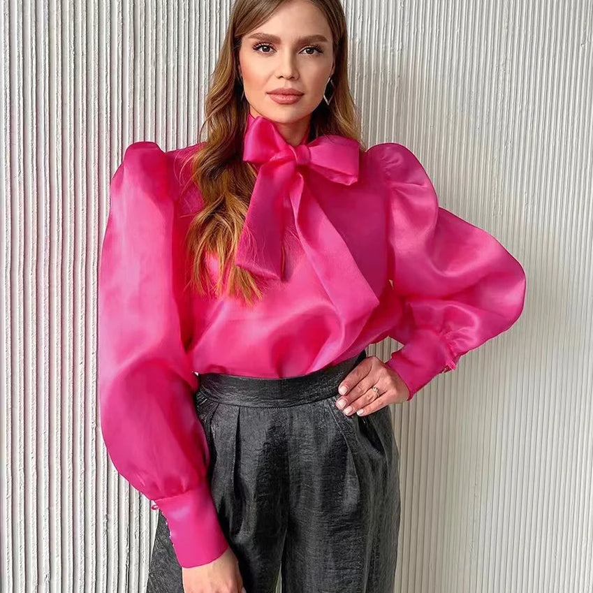 New Mesh Shirts Women Elegant Puff Sleeve Bow Lace Up Blouses Office Ladies Fashion Solid Color Casual Loose Sexy Blouse Pink SY57