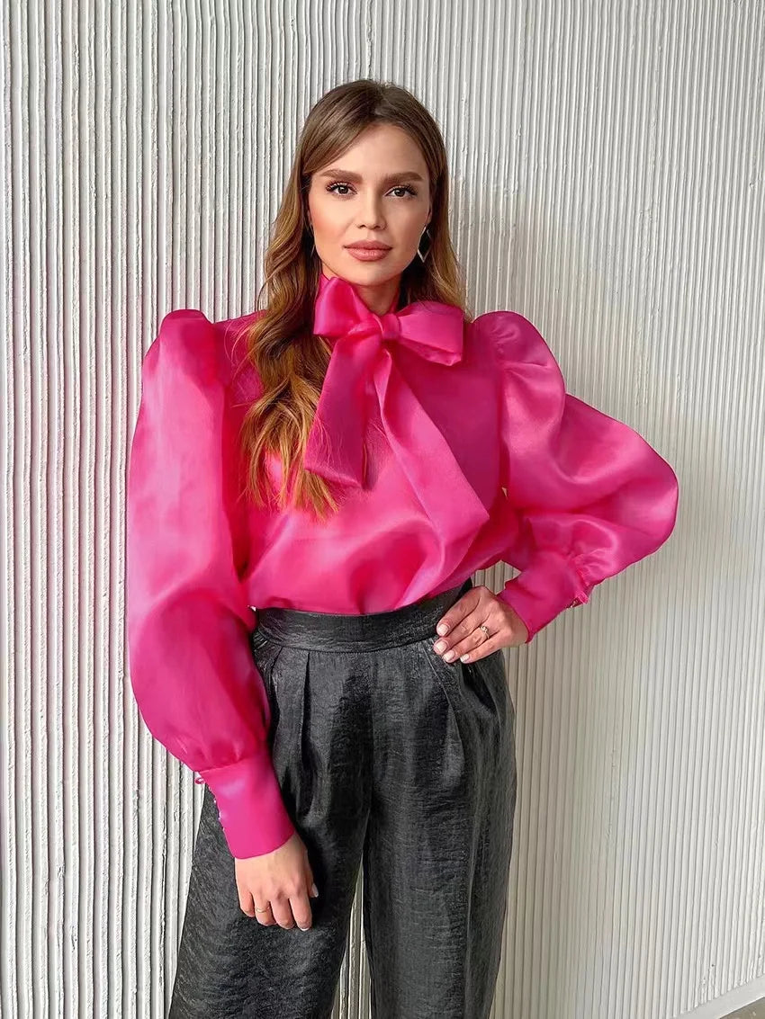 New Mesh Shirts Women Elegant Puff Sleeve Bow Lace Up Blouses Office Ladies Fashion Solid Color Casual Loose Sexy Blouse Pink SY57
