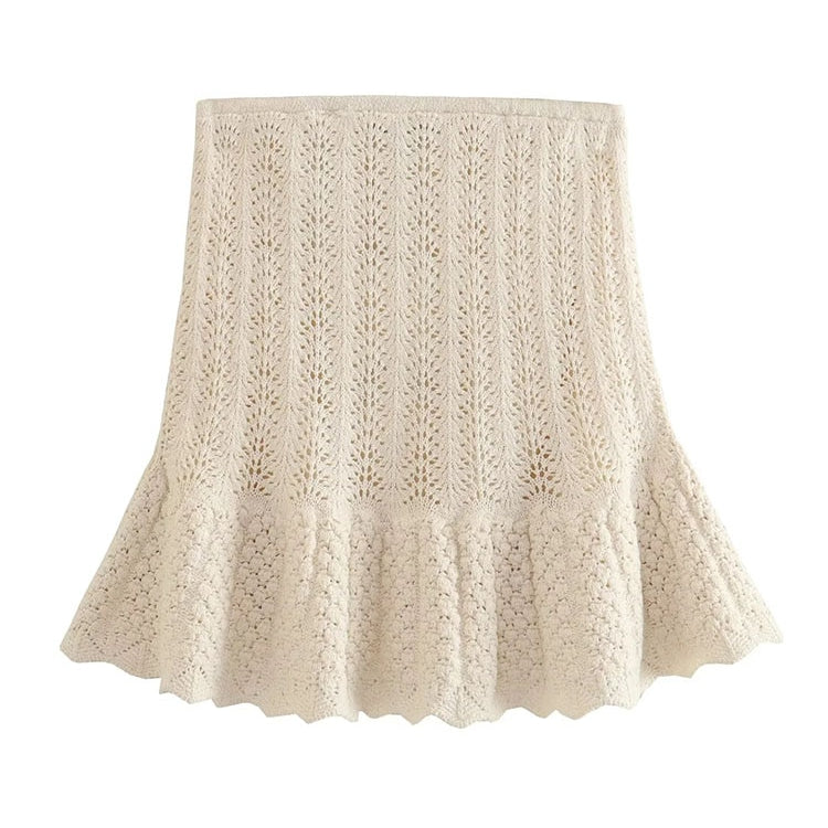 TRAF Y2K Hollow Out Knitted Women Summer 2 Piece Sets 2024 Thin Sleeveless Crop Top Female Ruffles Mini Skirt Suits