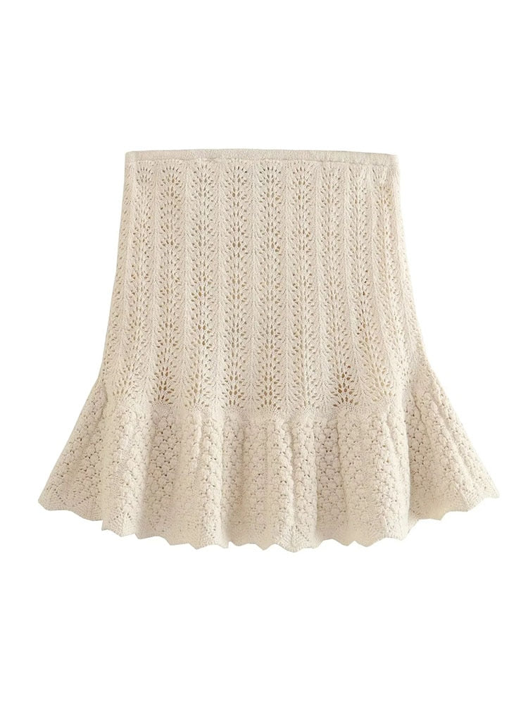 TRAF Y2K Hollow Out Knitted Women Summer 2 Piece Sets 2024 Thin Sleeveless Crop Top Female Ruffles Mini Skirt Suits