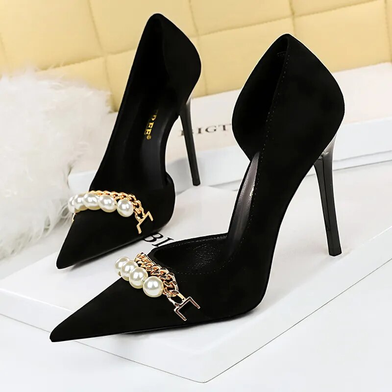 Spring Women Pumps Pearl Metal Chain High-heels Checked Grain Stilettos Women's Heels Luxury Banquet Shoes 43 8829-2-black-11CM