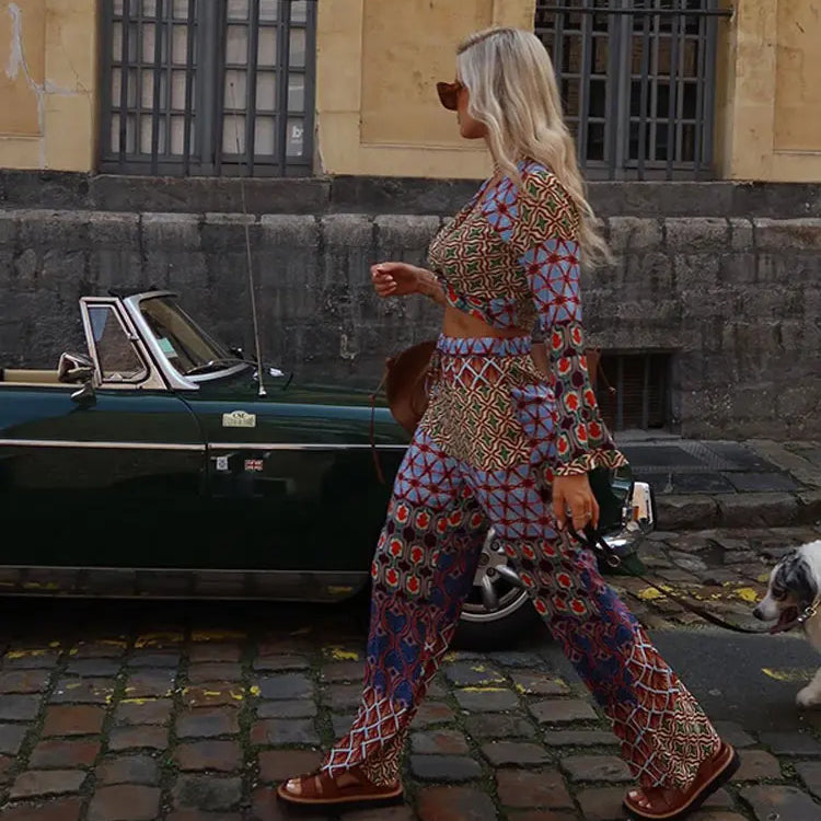 Vintage Sexy Casual Print Straight Trousers Set For Women Chic V Neck Flare Sleeve Twisted Tops Suit Female High Street Outfits