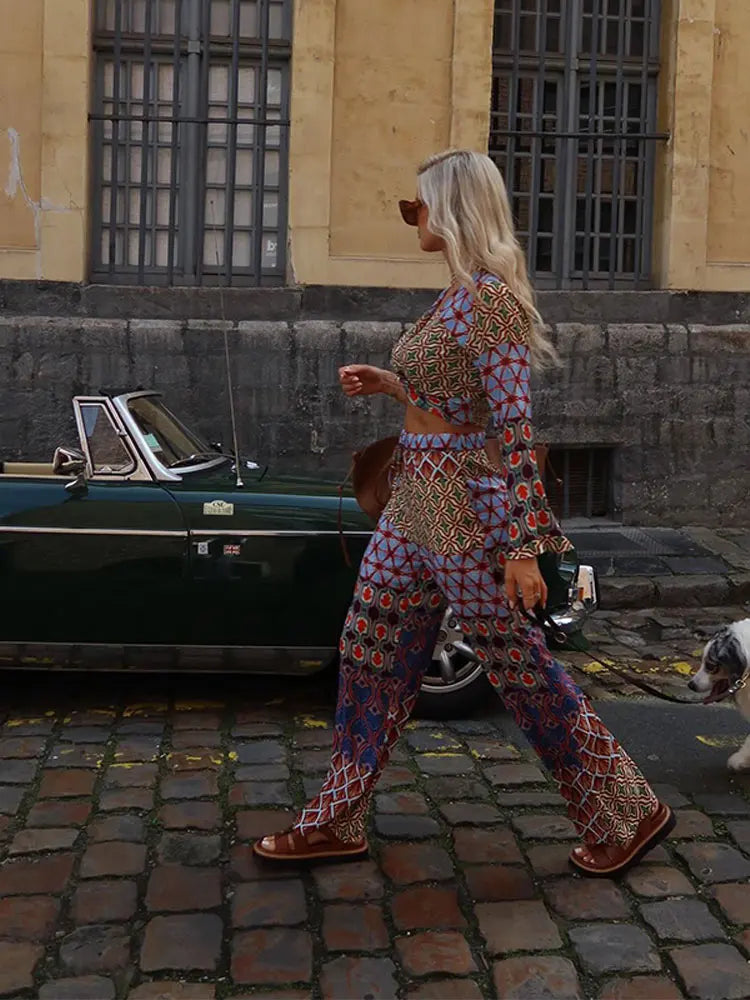 Vintage Sexy Casual Print Straight Trousers Set For Women Chic V Neck Flare Sleeve Twisted Tops Suit Female High Street Outfits